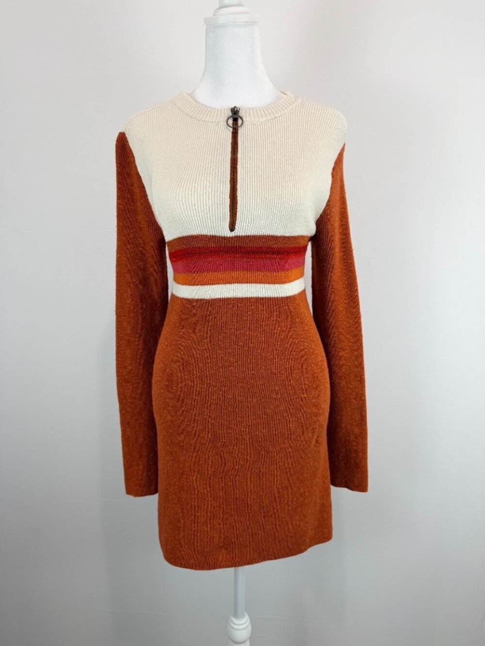 Retro Colorblock Knit Sweater Dress Free People Medium Rust & Cream Long Sleeve